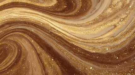 Luxurious swirling gold and brown abstract background with glittering particles.