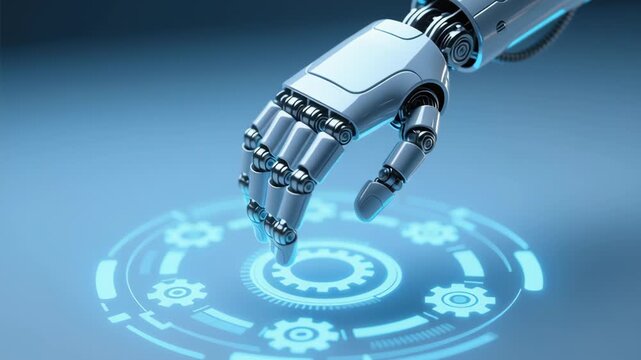 Data foundation quality. cloud based file storage, security protection, ai backup solutions business, robotic hand interacting with holographic gear interface blue technology automation data security