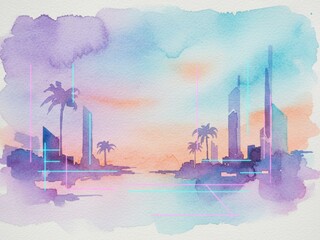 Watercolor city skyline sunset dreamy illustration
