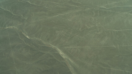 Unique Nazca geoglyphs in the desert. There are monkey drawings on the plateau, parallel lines. View from the plane. Peru. © Вера 