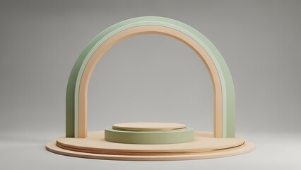 Minimalist pastel product display with elegant sage green and peach tiered pedestal under a layered arch