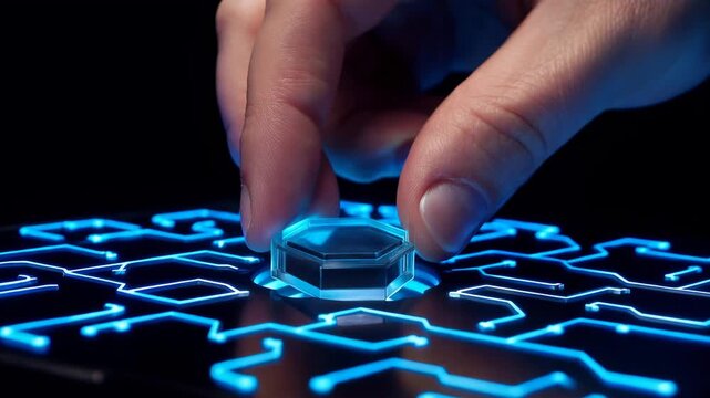 Futuristic technology innovation network circuit glow neon light hand touch control digital interface, sci fi strategy game board pattern, user interaction cyber network blue light