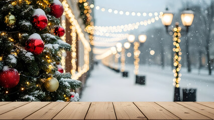 Snowy Christmas street with decorated tree and wooden tabletop
