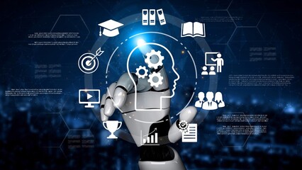 Futuristic robotic hand interacting with digital icons representing education, technology, and innovation in a virtual environment with data overlays Gluon.