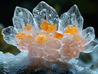 A close-up of a delicate ice flower with translucent petals and vibrant orange crystalline centers, resembling a frozen bloom.