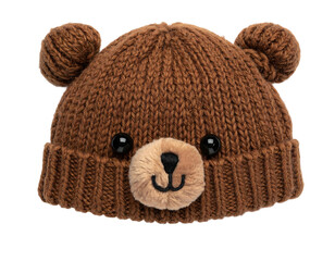Knitted brown bear hat with attached ears and face details