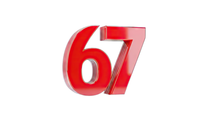 3D Red 3D Number 67 with Metallic Sheen on transparent background