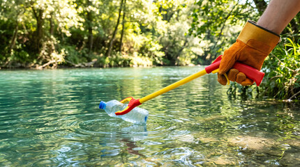 Gloved hand picks plastic bottle. person hand using Litter picker tool collects trash from river. Environmental conservation and pollution cleanup concept.
