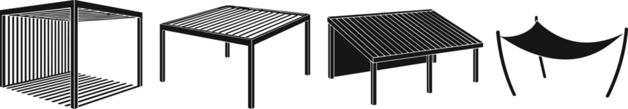 Collection of four different pergola constructions isolated on transparent background in vector design.