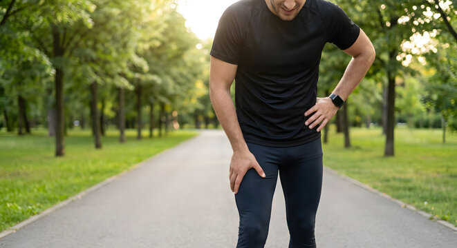 Man feeling leg pain during jogging. He is holding his painful thigh and hip. Sports injury, discomfort, and health problem concept. man jogging in the park 