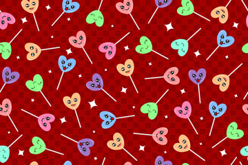 Cute heart shaped lollipops seamless pattern. Love candy background in red tones for valentine&rsquo;s day wallpapers, textile prints, fabrics, tablecloths, gift wrap and print designs