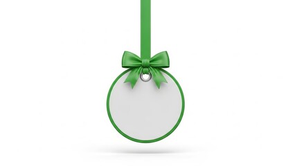 Blank white circular tag with a vibrant green ribbon and bow, ready for your custom message