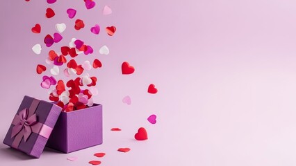 A festive purple gift box overflowing with a shower of colorful heart confetti against a soft background