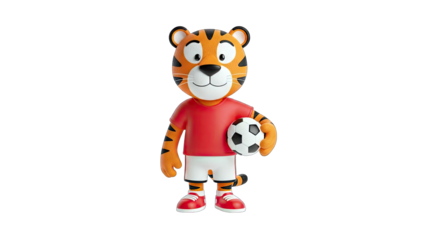 3D Cartoon tiger in soccer uniform holding a soccer ball on transparent background