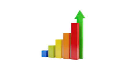 3D Growing bar chart with upward arrow on transparent background