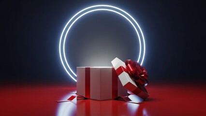 A captivating open gift box radiating light under a vibrant neon ring on a festive red surface