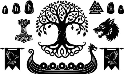 Viking symbols and Norse mythology elements vector illustration
