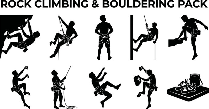 Rock climbing and bouldering silhouettes collection vector illustration