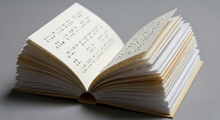 Intricate papercraft kirigami artwork of a small, open Braille book with individual pages layered and cut to form the tactile dots, 