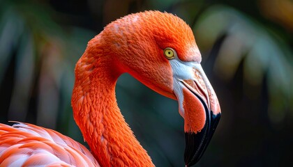 The pink flamingo is beautiful and has a long neck