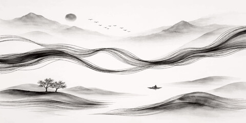 Artistic vector illustration of an abstract blue sea landscape featuring a tropical island with curved water waves and light motion lines for a modern decorative wallpaper design background