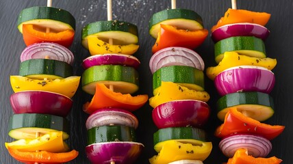 Colorful vegetable skewers arranged for healthy grilling
