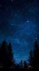Fototapeta premium Enchanting Starry Night Sky Over Misty Rural Village with Wooden Houses and Trees