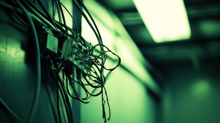 A hazardous mass of tangled frayed electrical wires a dangerous tangled mess of wires