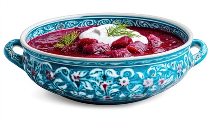 A close up of traditional Russian Borscht with ingredients