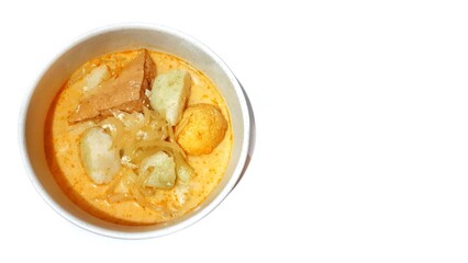 Lontong Sayur Indonesian Vegetables Stew with Coconut Milk, Rice Cakes, Egg, and Tofu Served in a White Bowl
