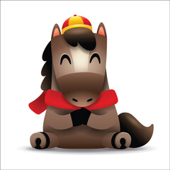 Cute Little Cartoon Horse with Red Scarf. Chinese Zodiac. Gong Xi Hand Gesture.