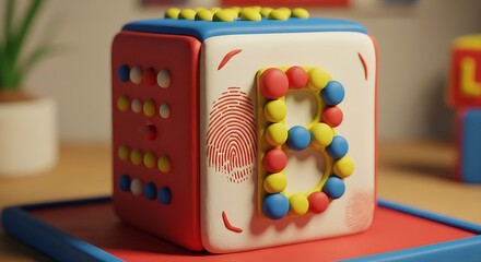 Charming claymation diorama of a large, educational Braille block cube (like an ABC block) made of white and primary colored plasticine, with large textured dots forming the letter 'B'. 