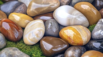 A diverse pile of smoothly polished natural river stones in varying sizes and natural colors creating a textured surface