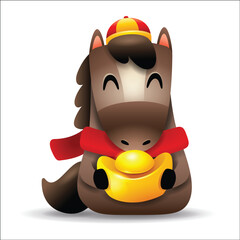 Cute Little Cartoon Horse with Red Scarf and Gold Ingot. Chinese Zodiac