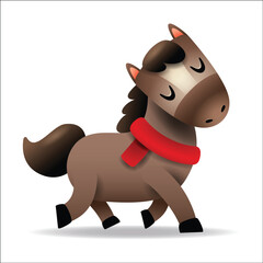 Cute Little Cartoon Horse with Red Scarf. Chinese Zodiac