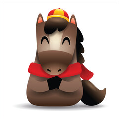 Cute Little Cartoon Horse with Red Scarf. Chinese Zodiac. Gong Xi Hand Gesture.