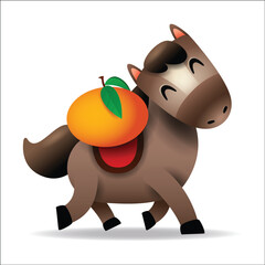 Cute Little Cartoon Horse Carrying a Big Mandarin Orange. Chinese Zodiac.