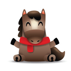 Cute Little Cartoon Horse with Red Scarf. Chinese Zodiac