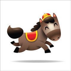 Cute Little Cartoon Horse with Chinese Hat and Saddle. Chinese Zodiac