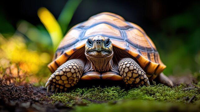 A red footed tortoise with a patterned shell rests on mossy ground in a naturalistic setting with soft green bokeh in the background