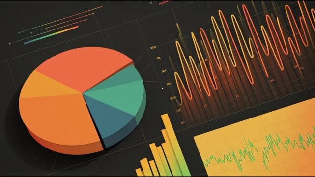 A 3D pie chart and bar graph on a black background with colorful graphs and charts displayed