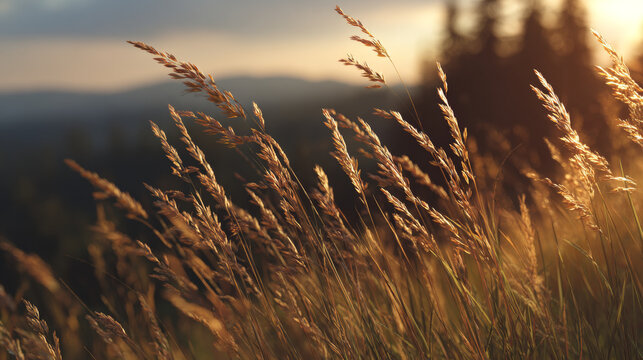 Tall grass with feathery seed heads illuminated by warm golden hour sunlight in a natural landscape