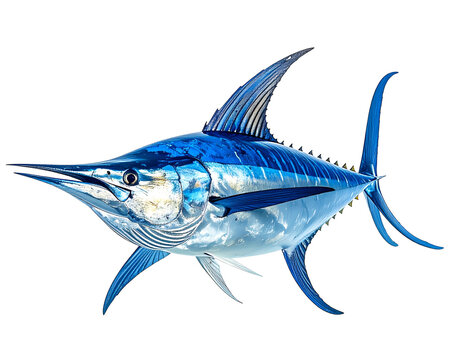 A metallic blue marlin with flowing fins against a black background