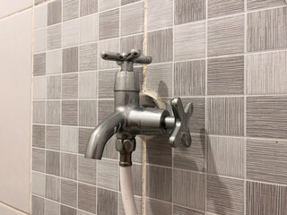 Close-up of a Chrome Dual-Control Wall Tap with Flexible Hose on Mosaic Tile Background.