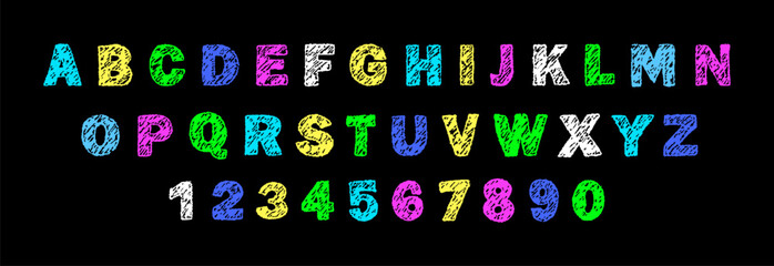 English alphabet crayon. Playful kids handwriting font. Color childish letters. Grunge style. Vector illustration.