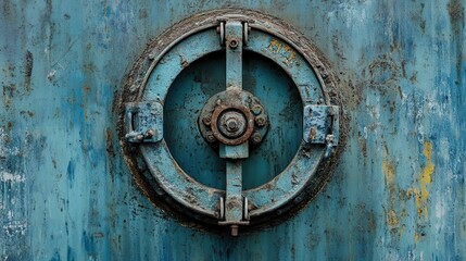 A close up view of an old weathered circular metal hatch with a locking mechanism and weathered texture on a blue surface