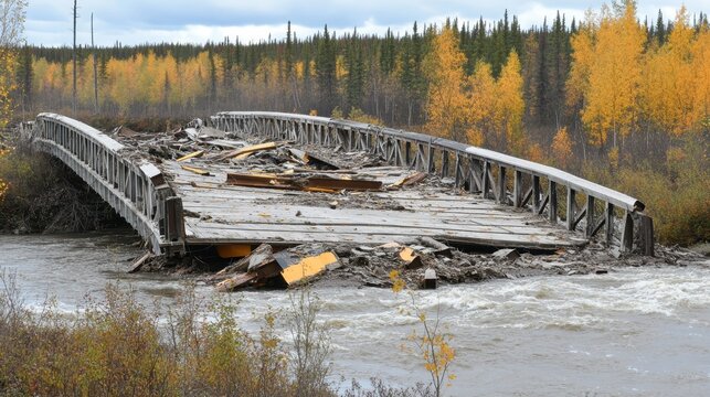 A collapsed wooden bridge lies in ruin with debris scattered across a flowing river surrounded by autumn forest trees