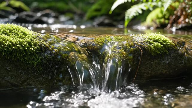 Extreme slow motion close-up of crystal clear stream water smoothly splitting and flowing over a mossy rock structure forming a small, natural divergence point crystal, decision, babbling
