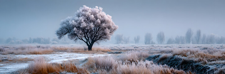 Winter landscape with a tree covered in frost in a snowy field on a foggy day. Natural cold season scene for background and postcard.
