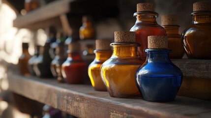 A collection of colorful glass apothecary bottles with cork stoppers displayed on a wooden shelf